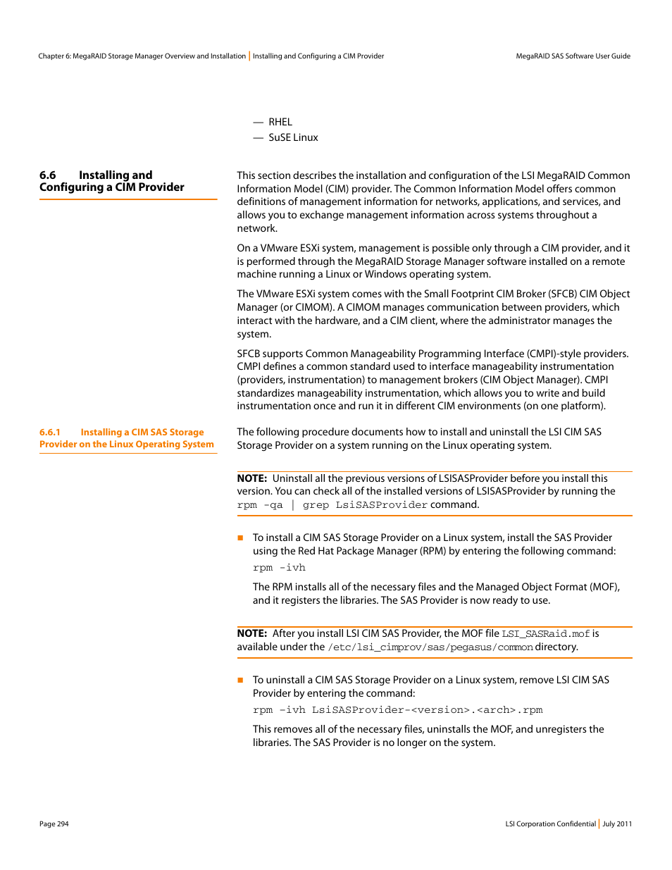 6 installing and configuring a cim provider | Avago Technologies MegaRAID Fast Path Software User Manual | Page 294 / 502