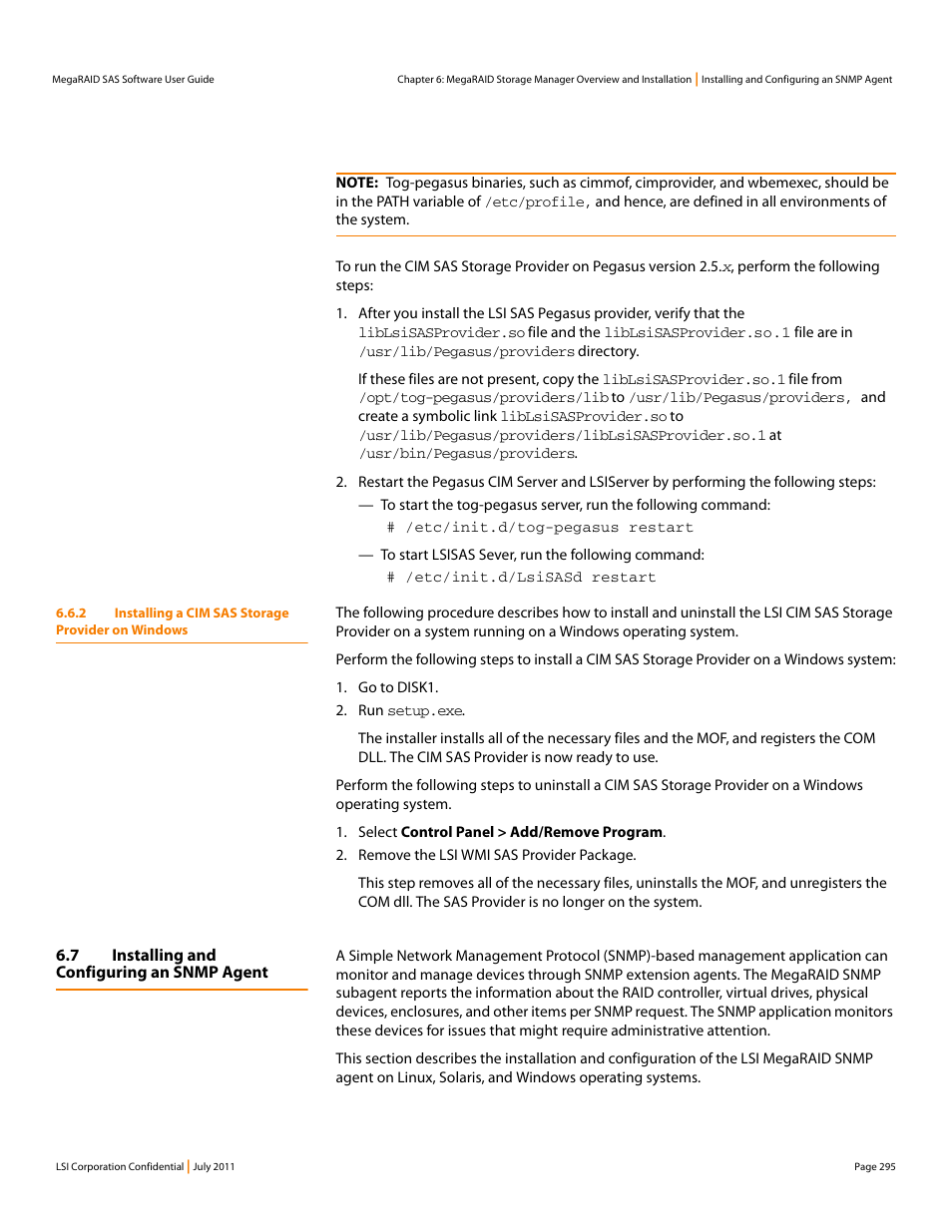 2 installing a cim sas storage provider on windows, 7 installing and configuring an snmp agent | Avago Technologies MegaRAID Fast Path Software User Manual | Page 295 / 502