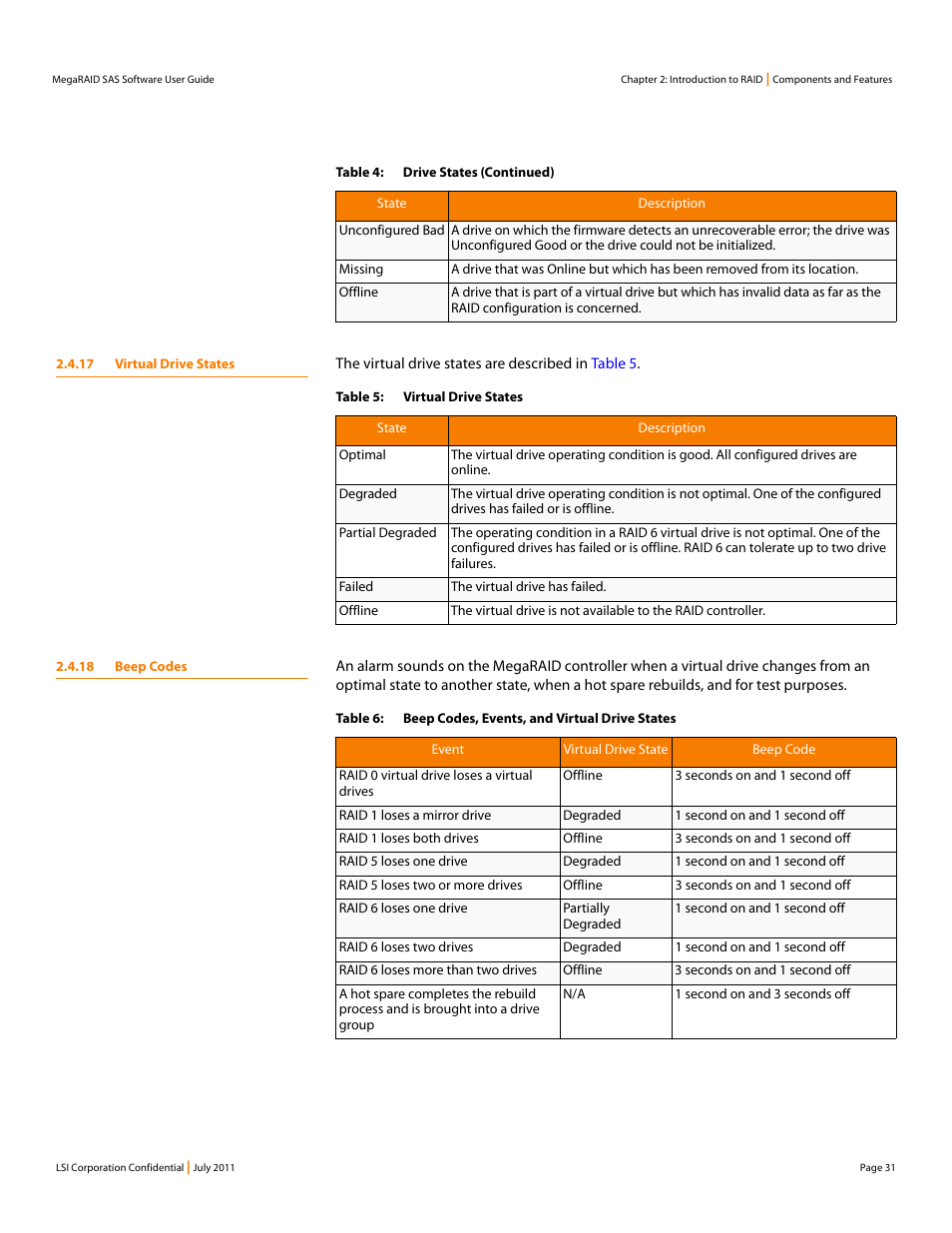 17 virtual drive states, 18 beep codes, 17 virtual drive states 2.4.18 beep codes | Avago Technologies MegaRAID Fast Path Software User Manual | Page 31 / 502