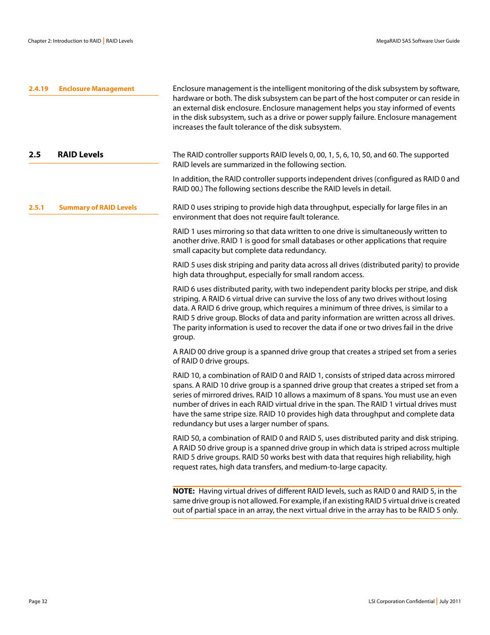 19 enclosure management, 5 raid levels, 1 summary of raid levels | Avago Technologies MegaRAID Fast Path Software User Manual | Page 32 / 502