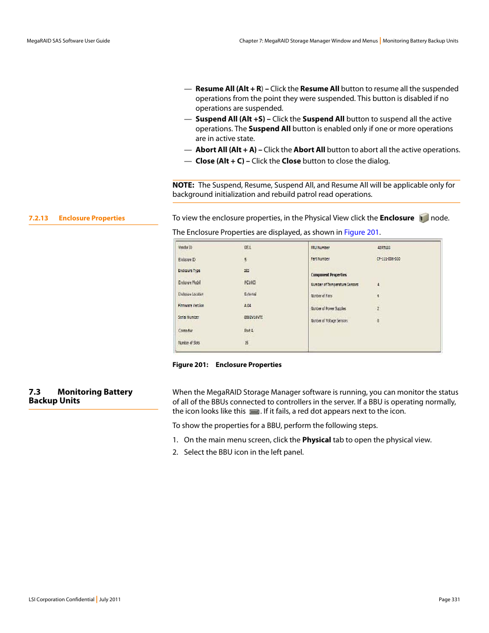 13 enclosure properties, 3 monitoring battery backup units | Avago Technologies MegaRAID Fast Path Software User Manual | Page 331 / 502