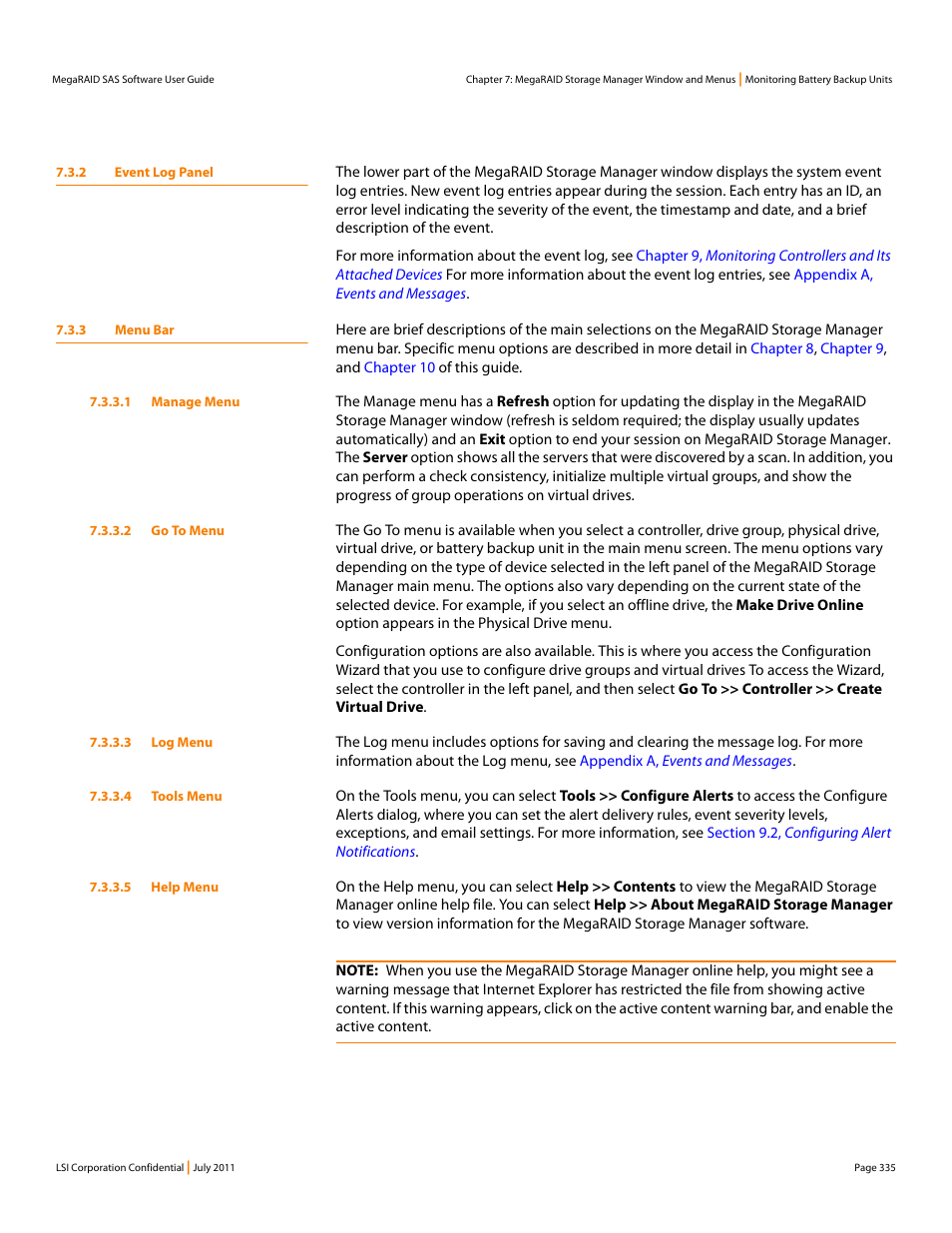 2 event log panel, 3 menu bar, 2 event log panel 7.3.3 menu bar | Avago Technologies MegaRAID Fast Path Software User Manual | Page 335 / 502