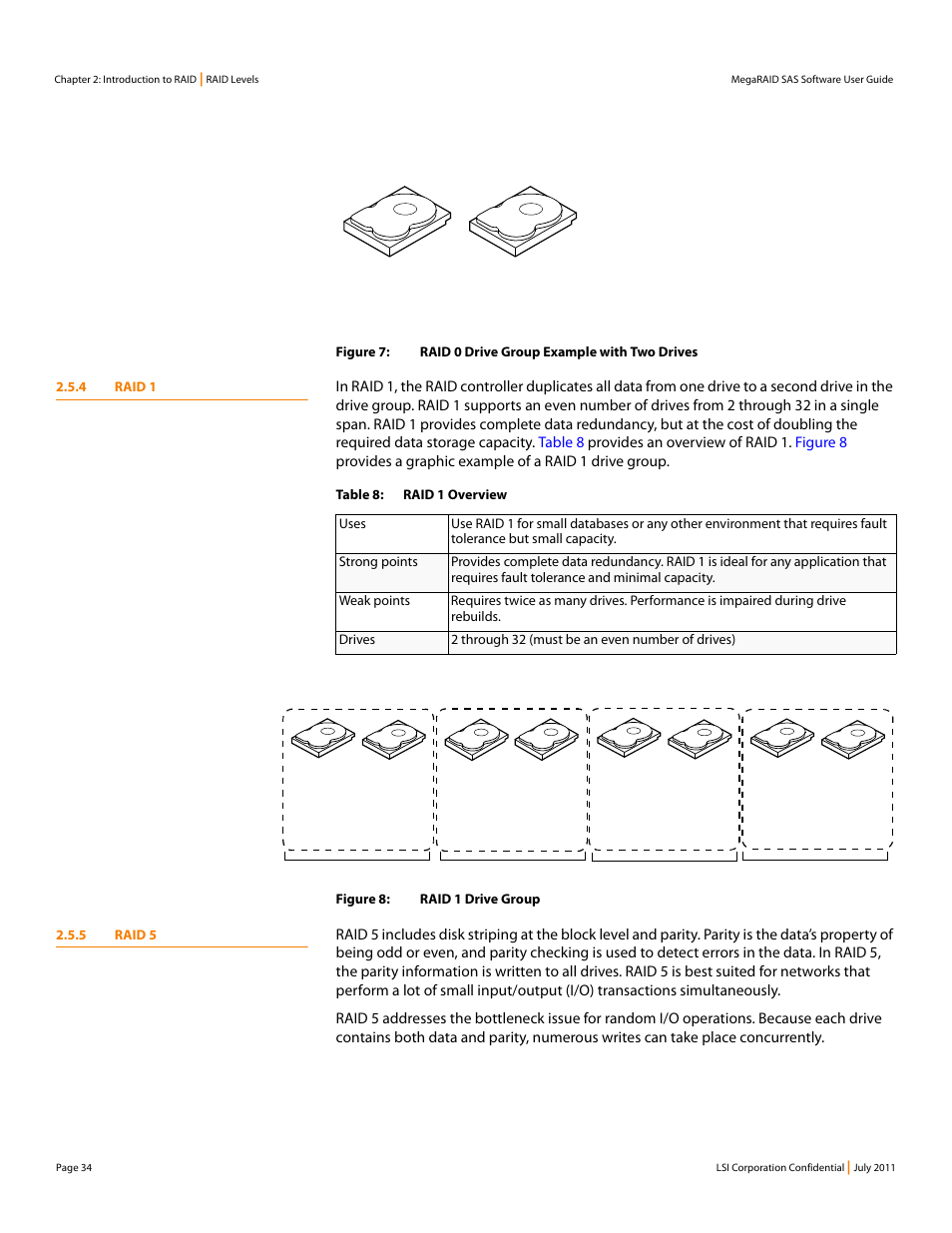 4 raid 1, 5 raid 5, 4 raid 1 2.5.5 raid 5 | Avago Technologies MegaRAID Fast Path Software User Manual | Page 34 / 502