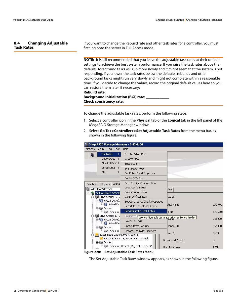 4 changing adjustable task rates | Avago Technologies MegaRAID Fast Path Software User Manual | Page 353 / 502