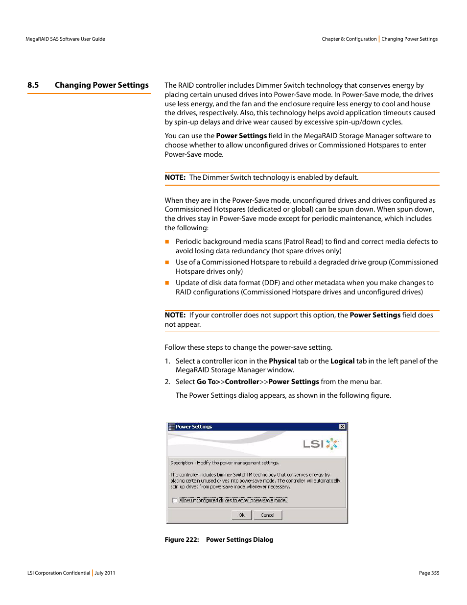 5 changing power settings | Avago Technologies MegaRAID Fast Path Software User Manual | Page 355 / 502