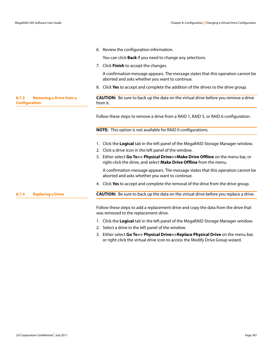 3 removing a drive from a configuration, 4 replacing a drive | Avago Technologies MegaRAID Fast Path Software User Manual | Page 367 / 502