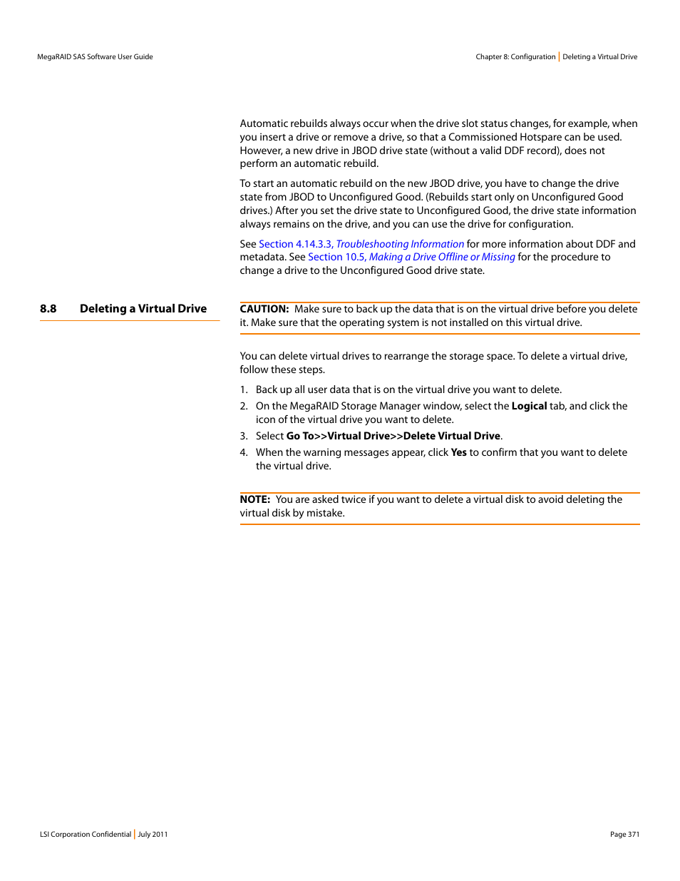 8 deleting a virtual drive | Avago Technologies MegaRAID Fast Path Software User Manual | Page 371 / 502