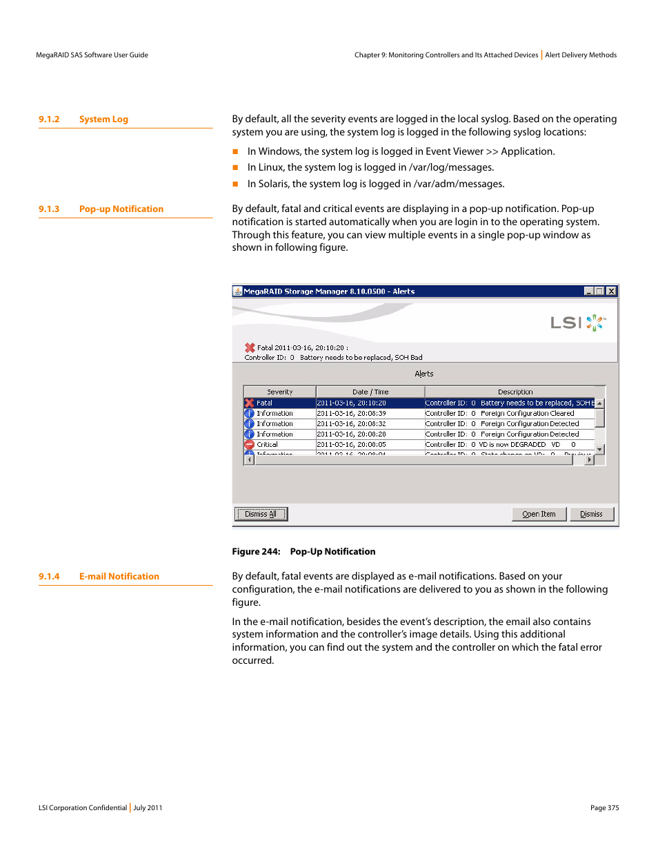 2 system log, 3 pop-up notification, 4 e-mail notification | Avago Technologies MegaRAID Fast Path Software User Manual | Page 375 / 502