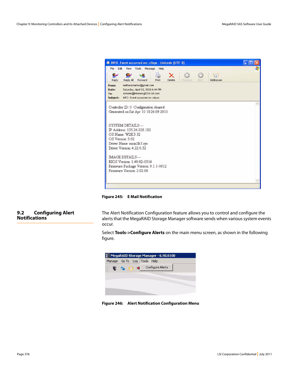 2 configuring alert notifications, Section 9.2, configuring alert, Notifications | Configuring alert notifications | Avago Technologies MegaRAID Fast Path Software User Manual | Page 376 / 502