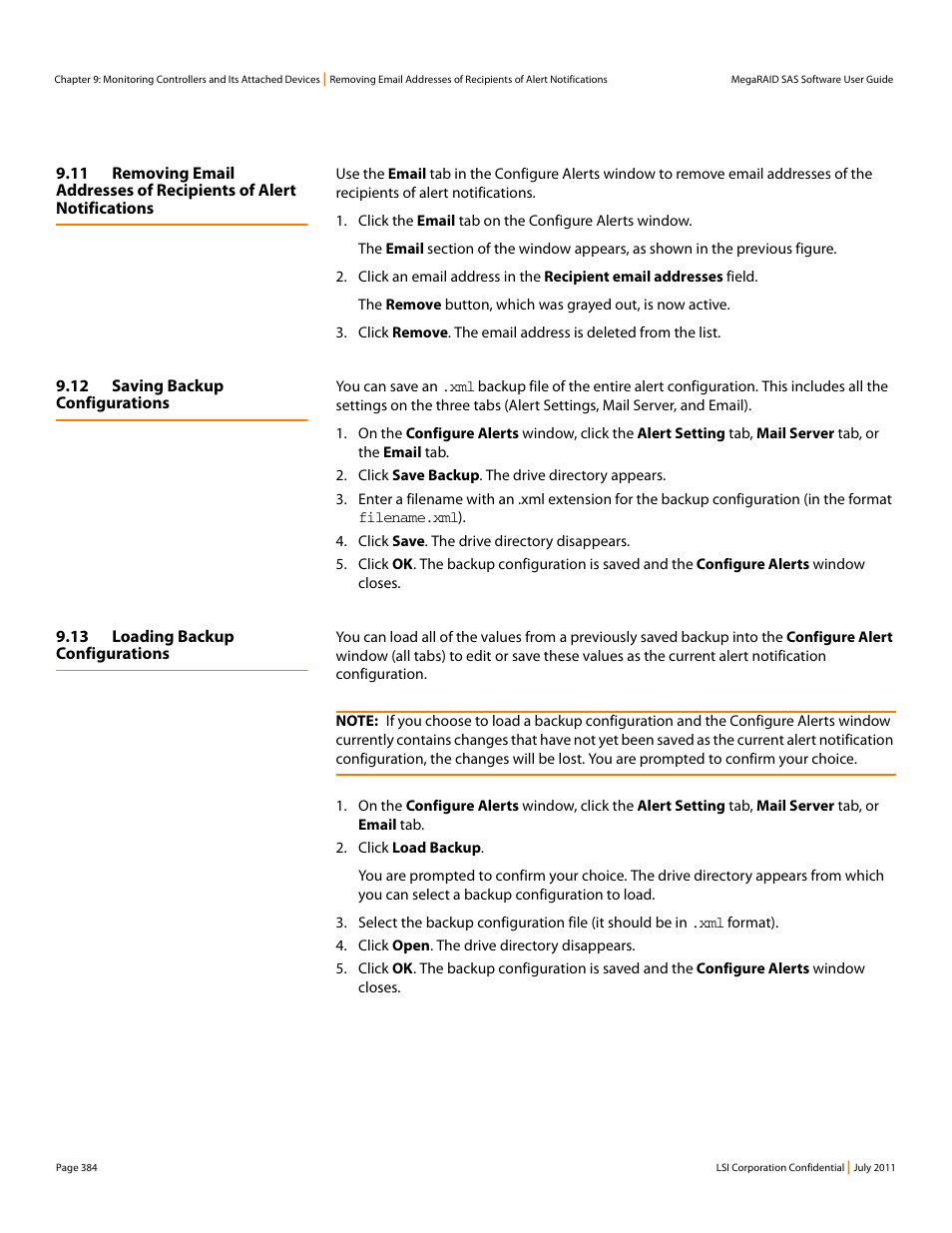 12 saving backup configurations, 13 loading backup configurations | Avago Technologies MegaRAID Fast Path Software User Manual | Page 384 / 502