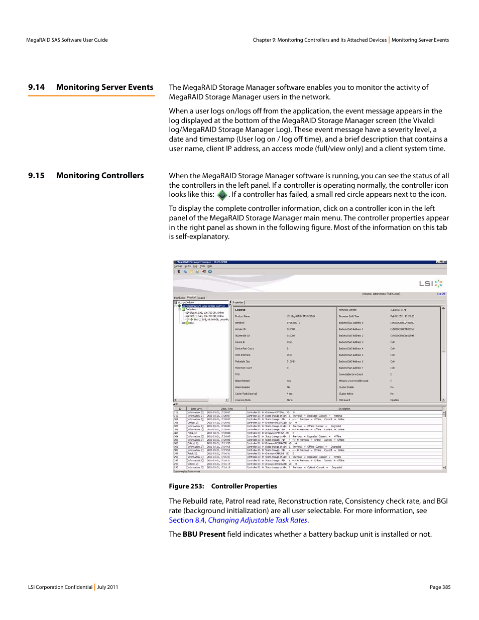 14 monitoring server events, 15 monitoring controllers, Section 9.15, monitoring controllers | Avago Technologies MegaRAID Fast Path Software User Manual | Page 385 / 502