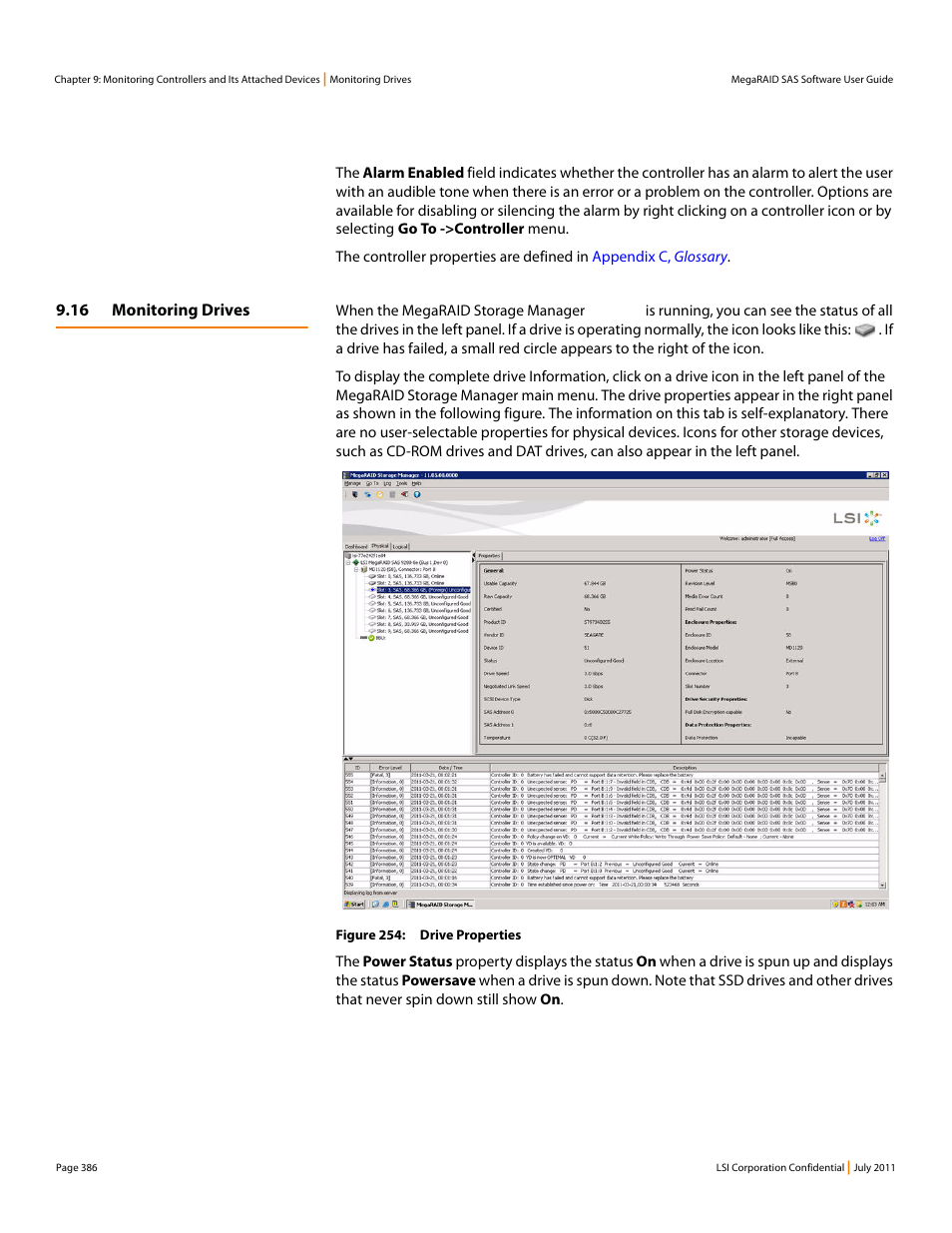 16 monitoring drives, Section 9.16, Monitoring drives | Avago Technologies MegaRAID Fast Path Software User Manual | Page 386 / 502