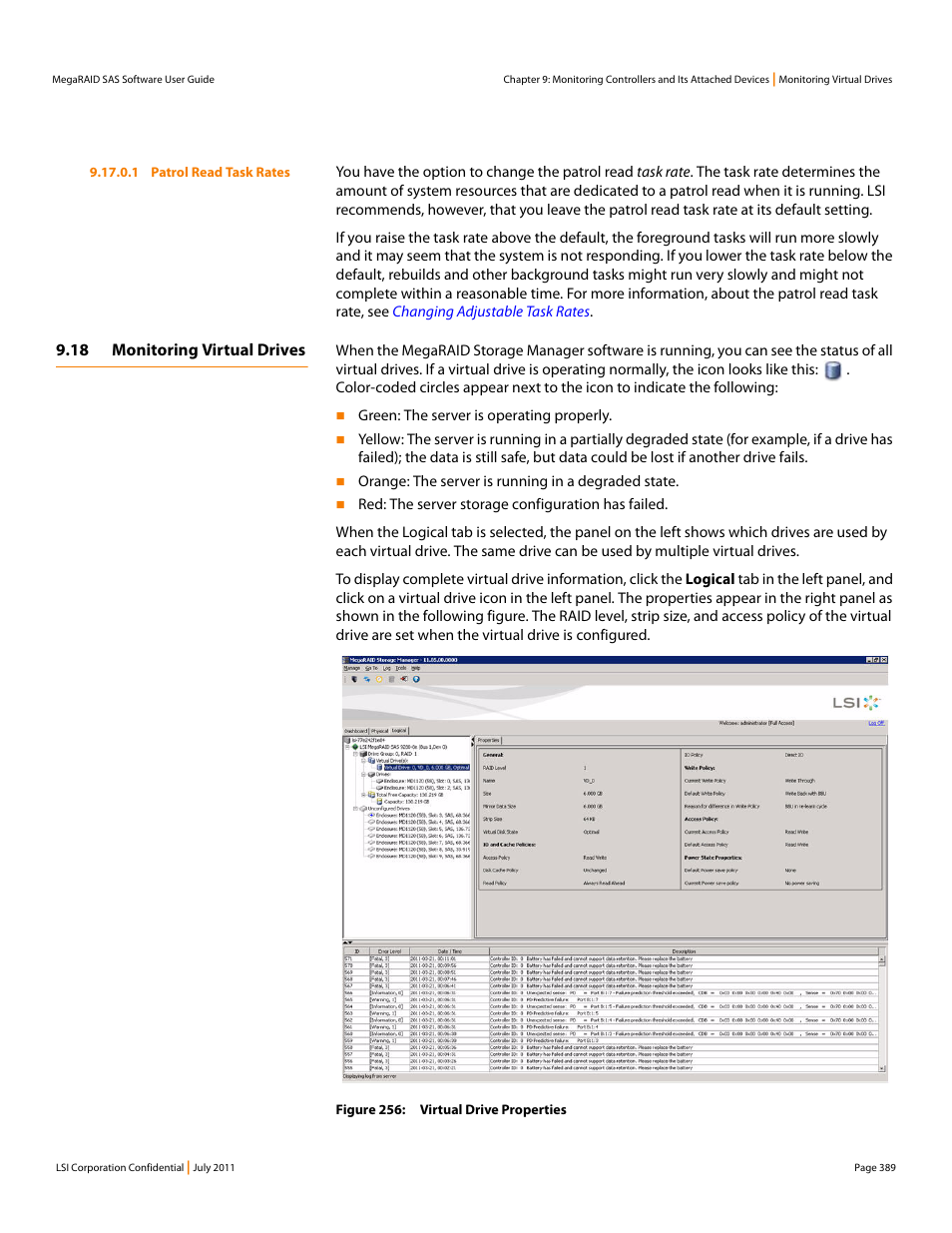 18 monitoring virtual drives, Section 9.18, monitoring virtual drives | Avago Technologies MegaRAID Fast Path Software User Manual | Page 389 / 502