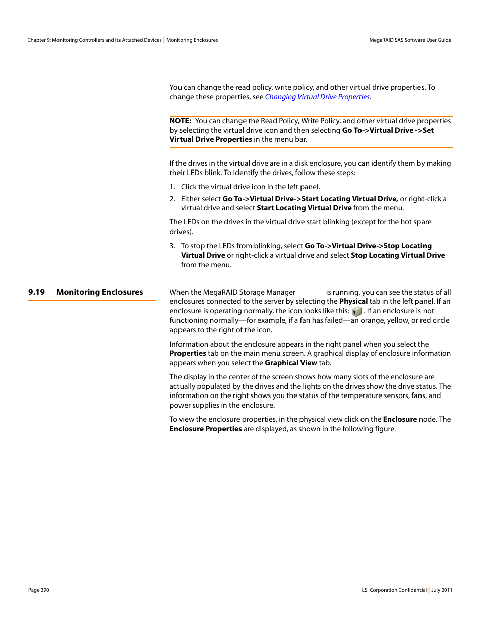 19 monitoring enclosures | Avago Technologies MegaRAID Fast Path Software User Manual | Page 390 / 502