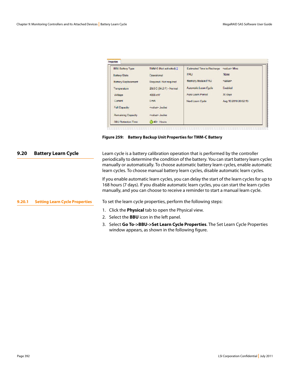 20 battery learn cycle, 1 setting learn cycle properties | Avago Technologies MegaRAID Fast Path Software User Manual | Page 392 / 502
