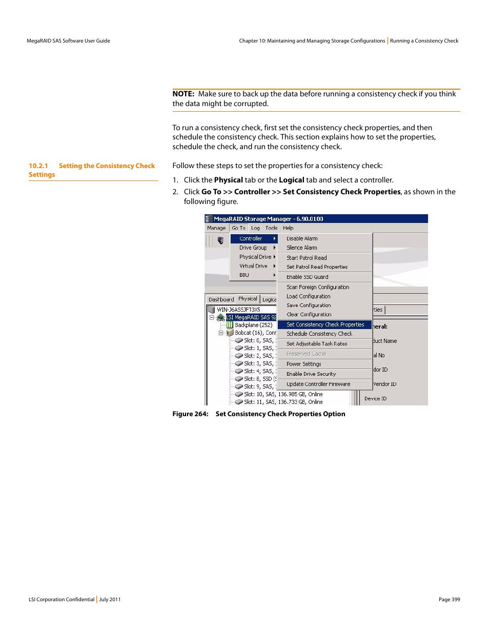 1 setting the consistency check settings | Avago Technologies MegaRAID Fast Path Software User Manual | Page 399 / 502