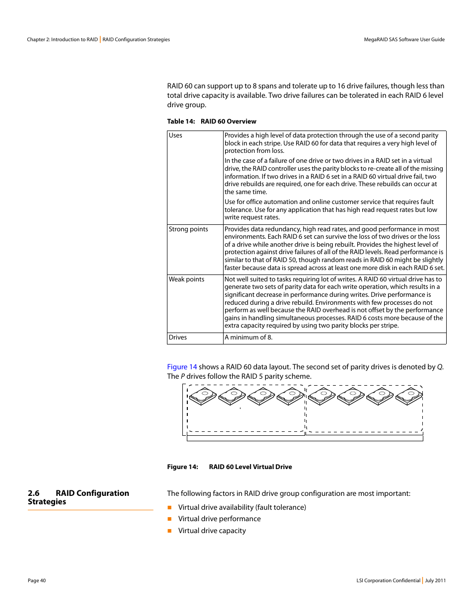 6 raid configuration strategies, Virtual drive availability (fault tolerance), Virtual drive performance | Virtual drive capacity, Figure 14: raid 60 level virtual drive | Avago Technologies MegaRAID Fast Path Software User Manual | Page 40 / 502
