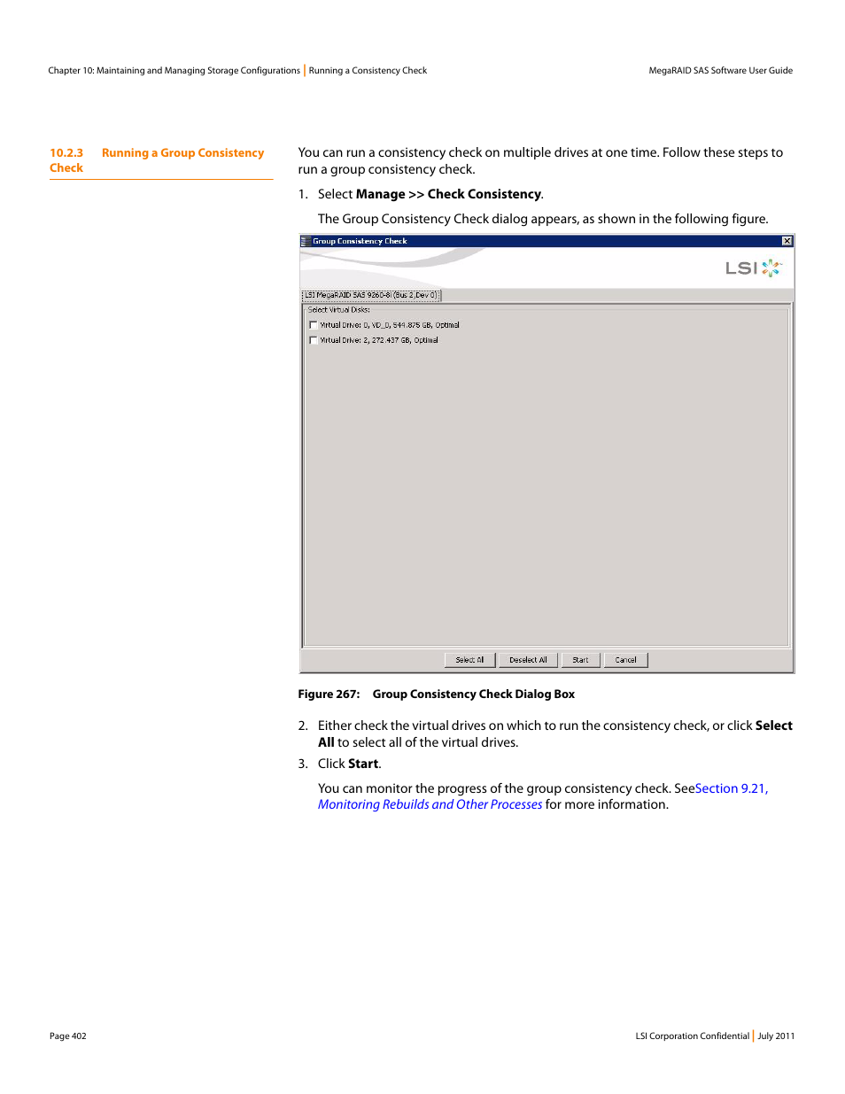 3 running a group consistency check, Figure 267 | Avago Technologies MegaRAID Fast Path Software User Manual | Page 402 / 502