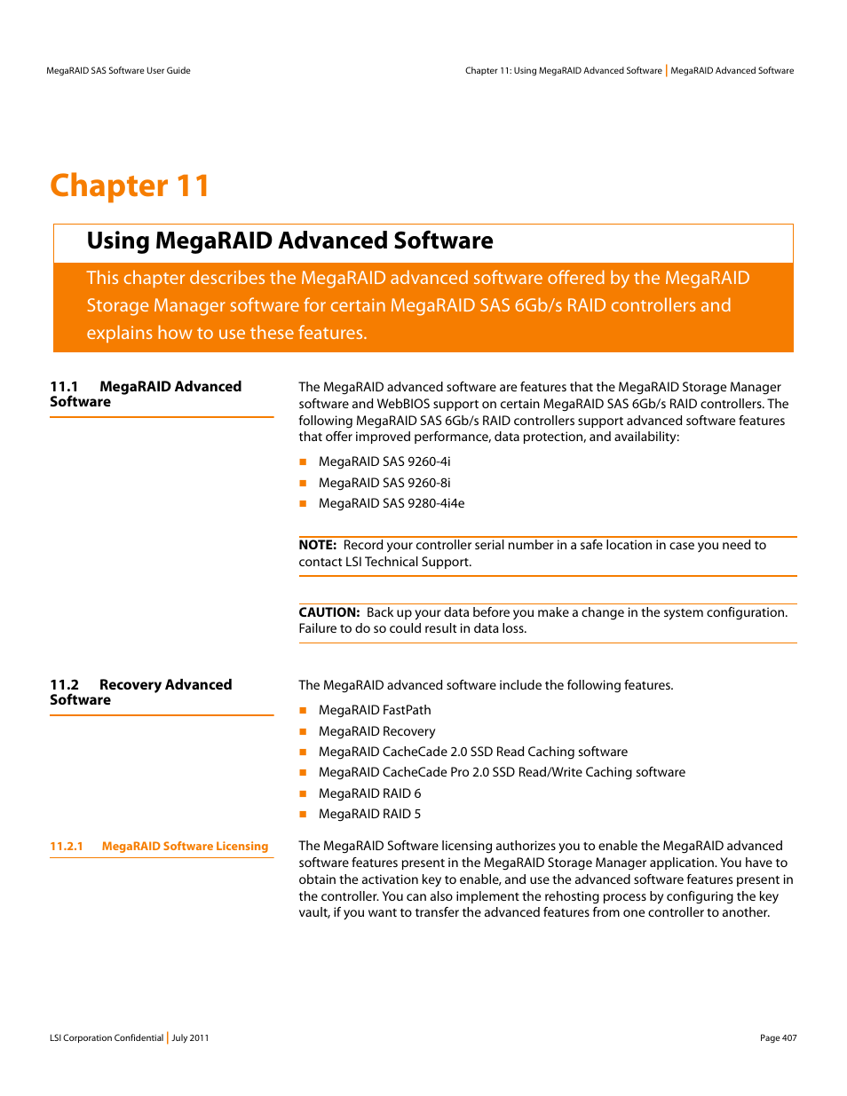 Using megaraid advanced software, 1 megaraid advanced software, 2 recovery advanced software | 1 megaraid software licensing, Chapter 11, using megaraid advanced software, Chapter 11: using megaraid advanced software, Chapter 11 | Avago Technologies MegaRAID Fast Path Software User Manual | Page 407 / 502