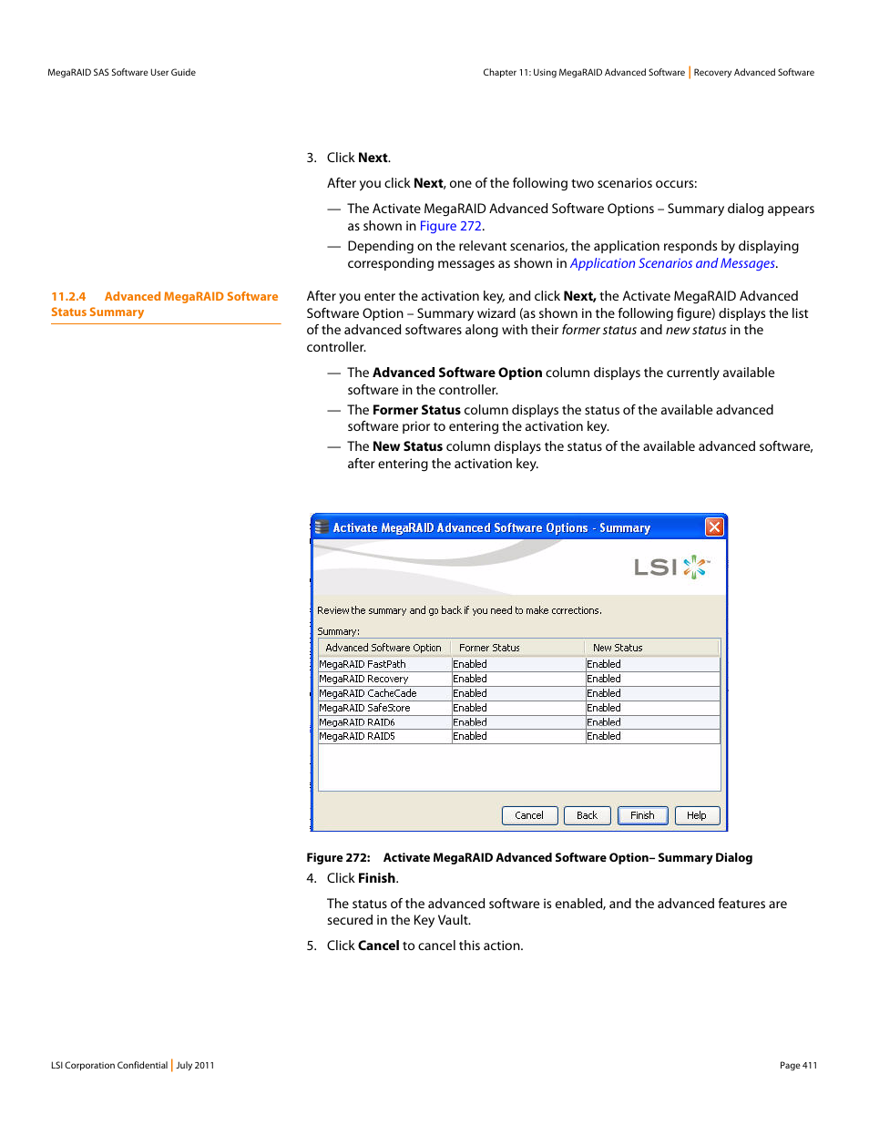 4 advanced megaraid software status summary | Avago Technologies MegaRAID Fast Path Software User Manual | Page 411 / 502