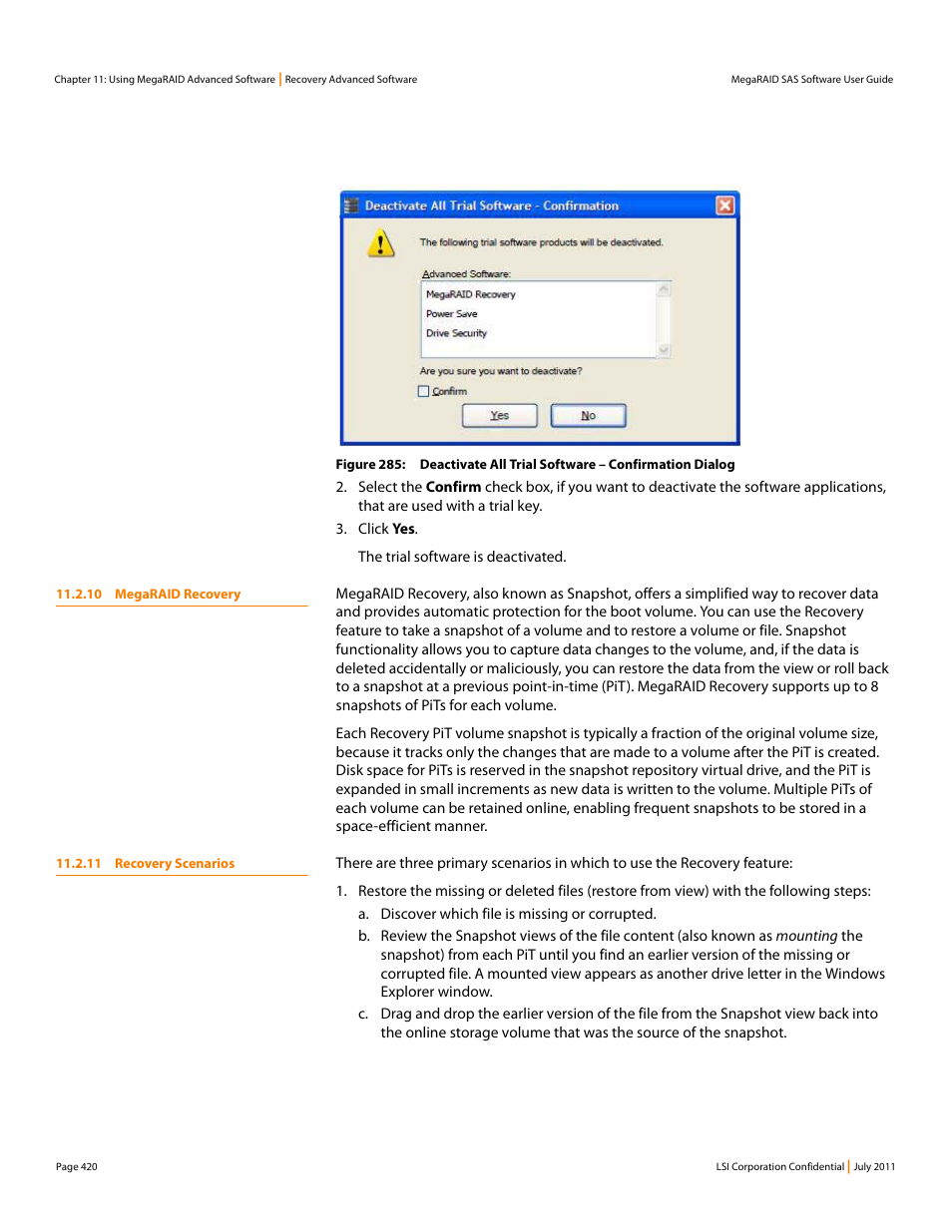 10 megaraid recovery, 11 recovery scenarios, 10 megaraid recovery 11.2.11 recovery scenarios | Avago Technologies MegaRAID Fast Path Software User Manual | Page 420 / 502