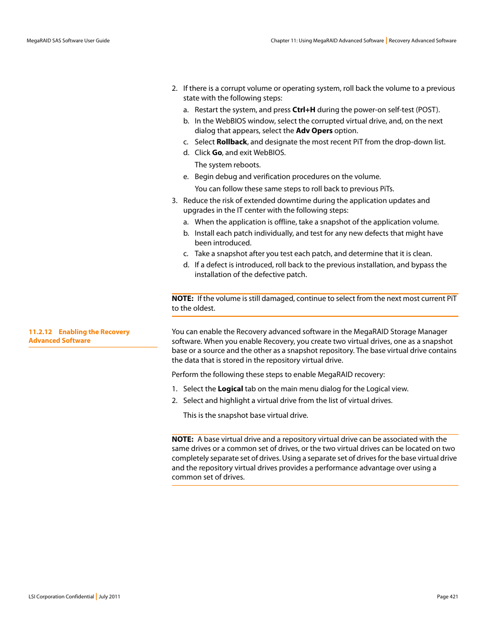 12 enabling the recovery advanced software | Avago Technologies MegaRAID Fast Path Software User Manual | Page 421 / 502