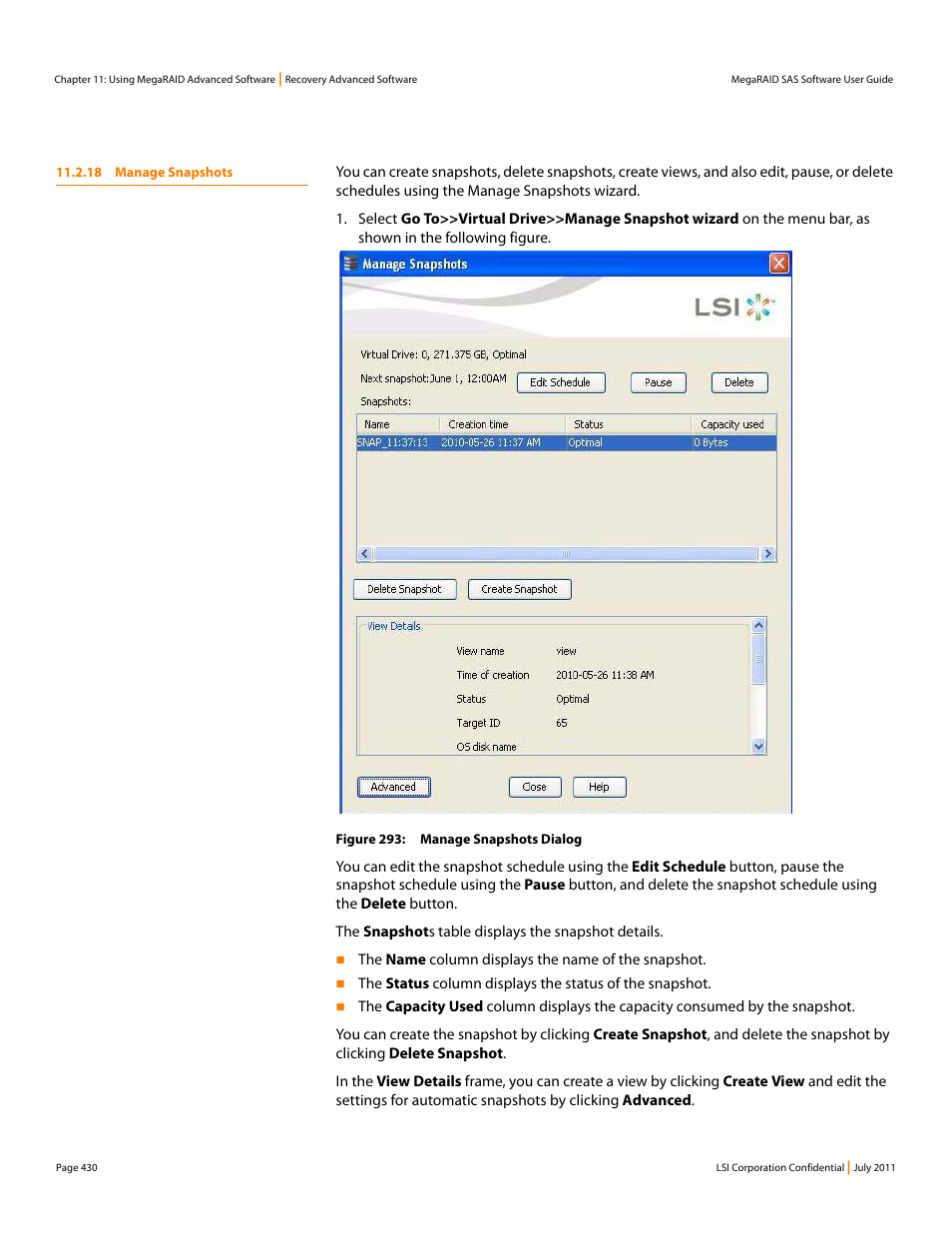 18 manage snapshots | Avago Technologies MegaRAID Fast Path Software User Manual | Page 430 / 502