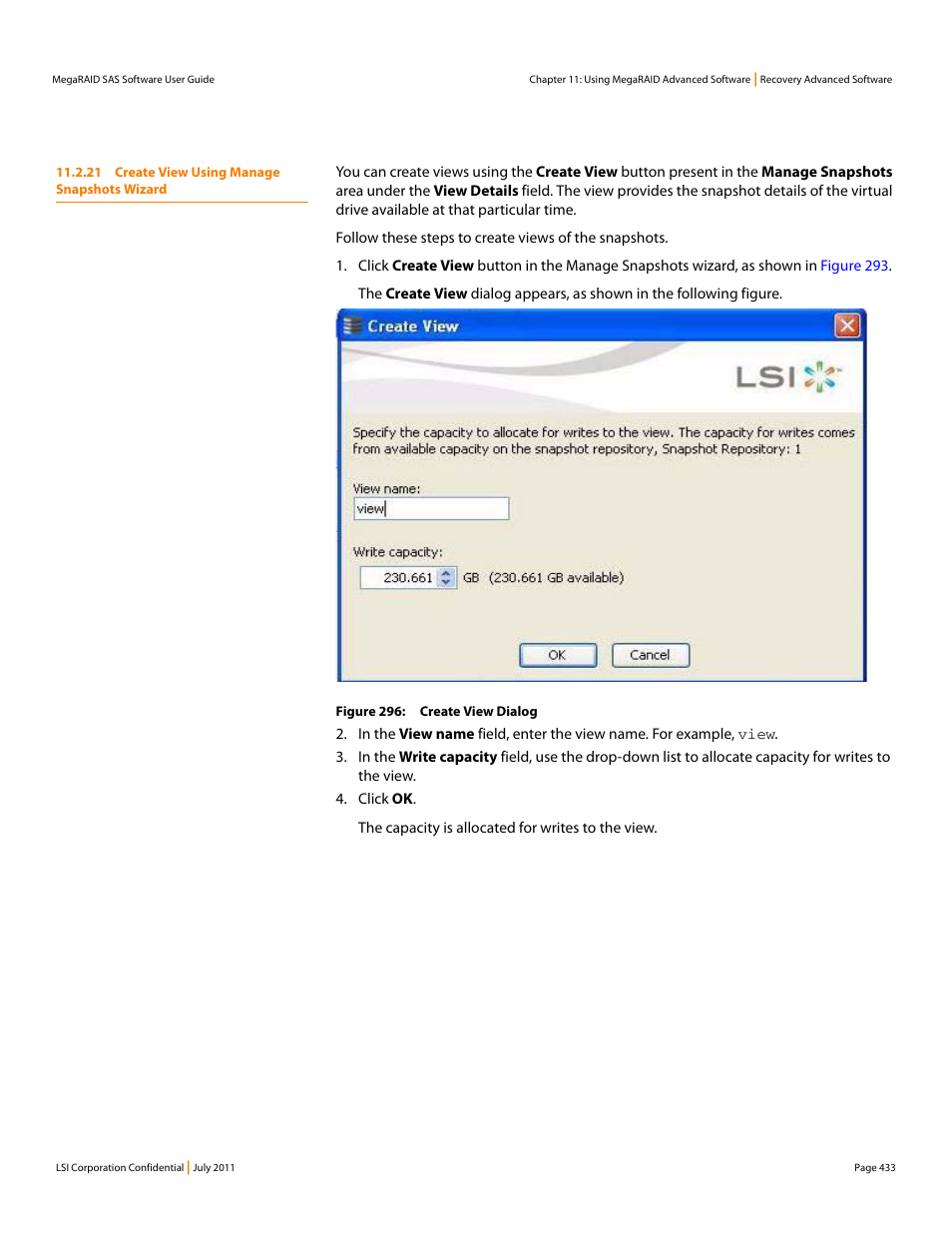 21 create view using manage snapshots wizard | Avago Technologies MegaRAID Fast Path Software User Manual | Page 433 / 502