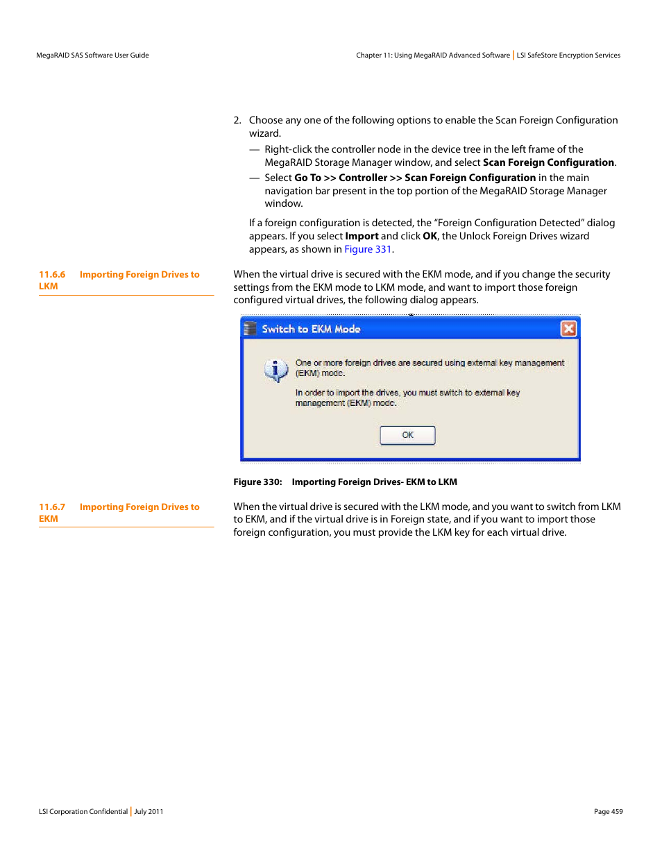 6 importing foreign drives to lkm, 7 importing foreign drives to ekm | Avago Technologies MegaRAID Fast Path Software User Manual | Page 459 / 502