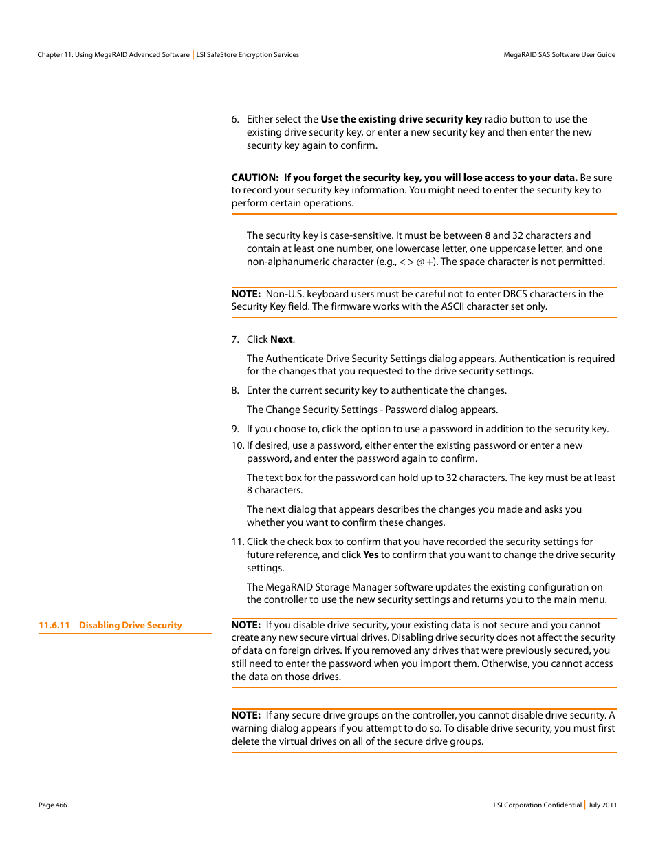 11 disabling drive security | Avago Technologies MegaRAID Fast Path Software User Manual | Page 466 / 502