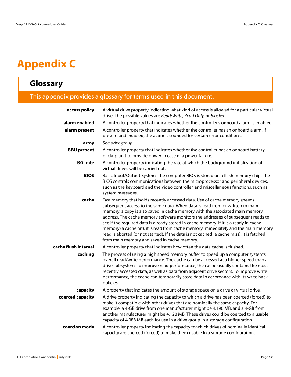 Glossary, Appendix c: glossary, Appendix c | Avago Technologies MegaRAID Fast Path Software User Manual | Page 491 / 502