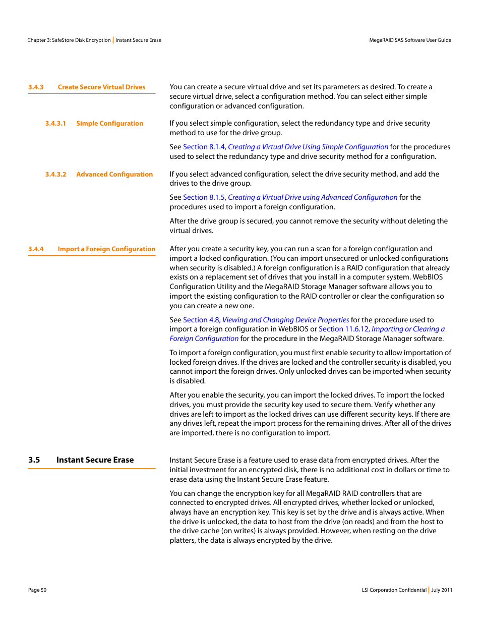 3 create secure virtual drives, 4 import a foreign configuration, 5 instant secure erase | Section 3.5, Instant secure erase | Avago Technologies MegaRAID Fast Path Software User Manual | Page 50 / 502