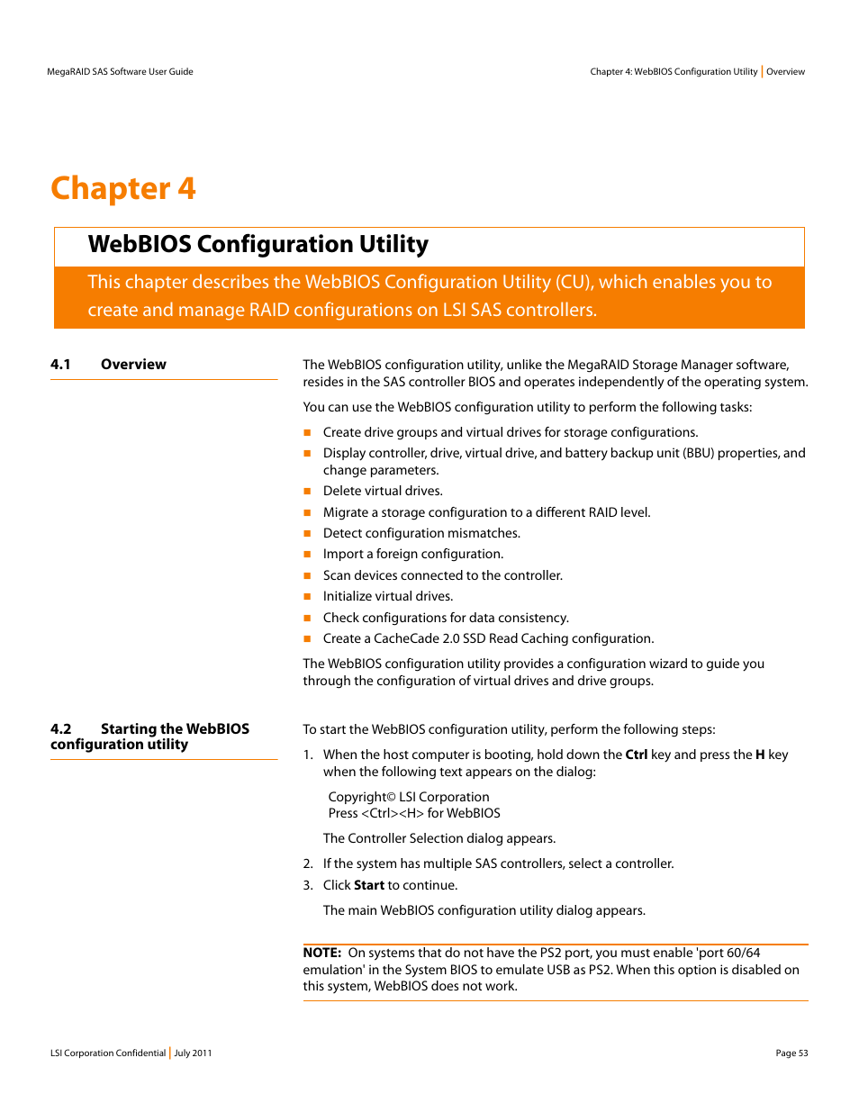 Webbios configuration utility, 1 overview, 2 starting the webbios configuration utility | Chapter 4, webbios configuration utility, Chapter 4: webbios configuration utility, Chapter 4 | Avago Technologies MegaRAID Fast Path Software User Manual | Page 53 / 502