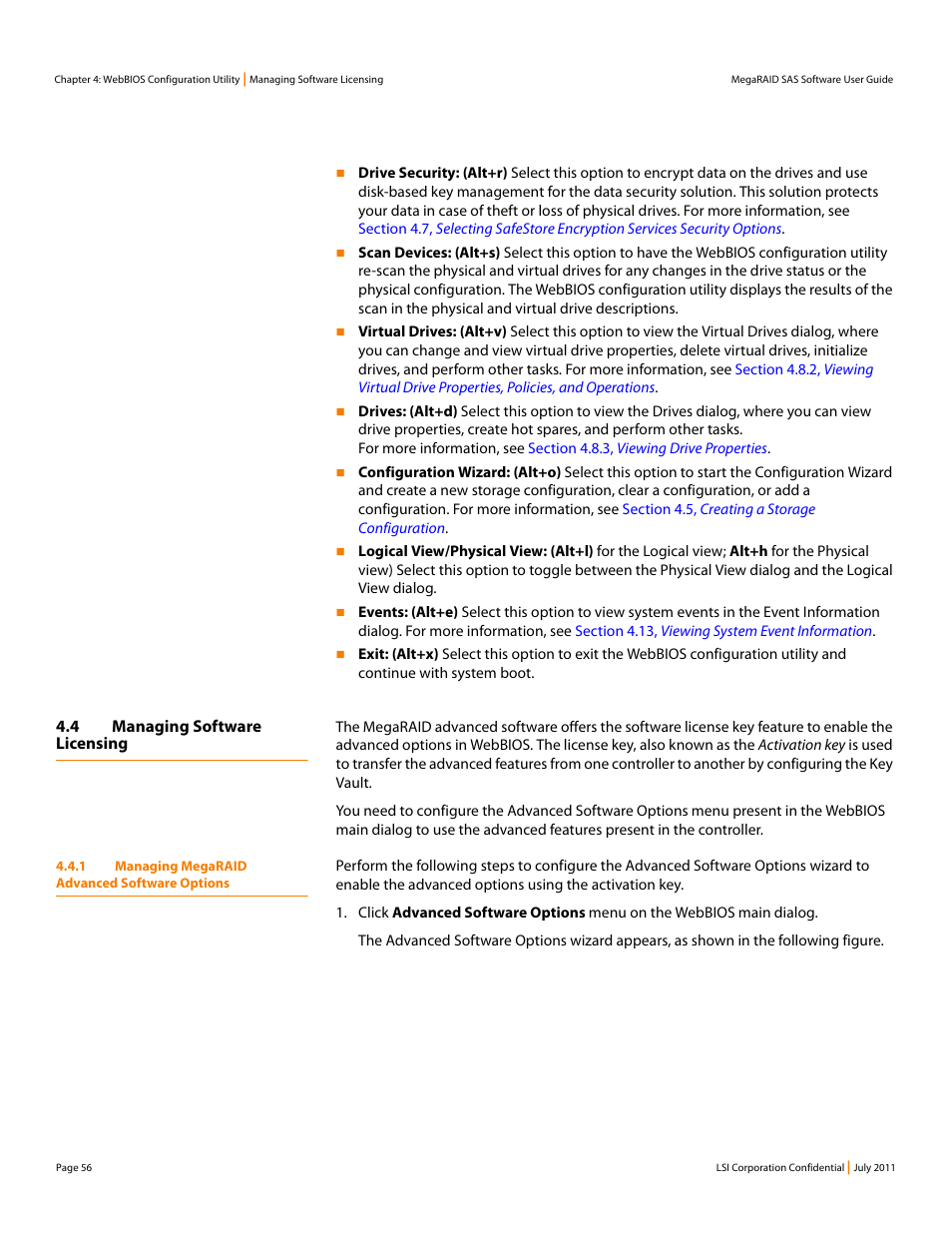 4 managing software licensing, 1 managing megaraid advanced software options, Section 4.4.1, managing | Megaraid advanced software options | Avago Technologies MegaRAID Fast Path Software User Manual | Page 56 / 502