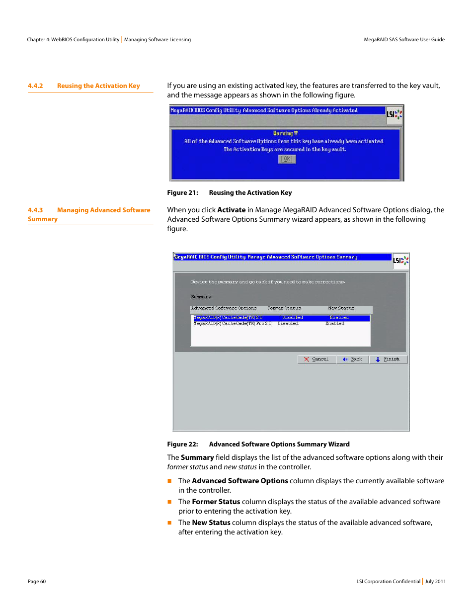 2 reusing the activation key, 3 managing advanced software summary | Avago Technologies MegaRAID Fast Path Software User Manual | Page 60 / 502