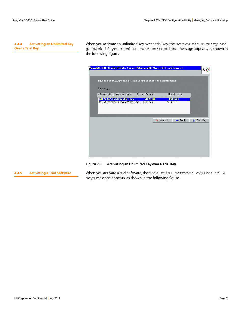 4 activating an unlimited key over a trial key, 5 activating a trial software | Avago Technologies MegaRAID Fast Path Software User Manual | Page 61 / 502