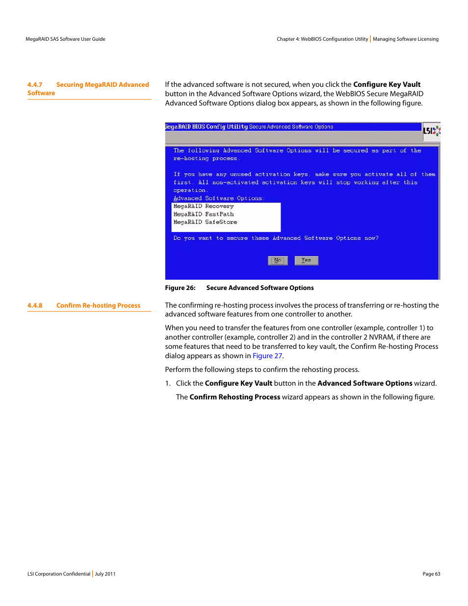 7 securing megaraid advanced software, 8 confirm re-hosting process | Avago Technologies MegaRAID Fast Path Software User Manual | Page 63 / 502