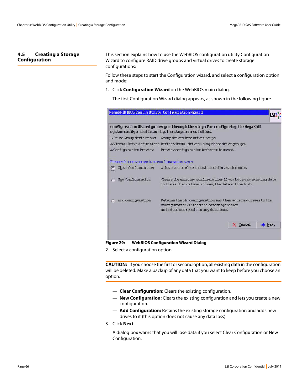5 creating a storage configuration, Section 4.5, creating a storage, Configuration | Avago Technologies MegaRAID Fast Path Software User Manual | Page 66 / 502