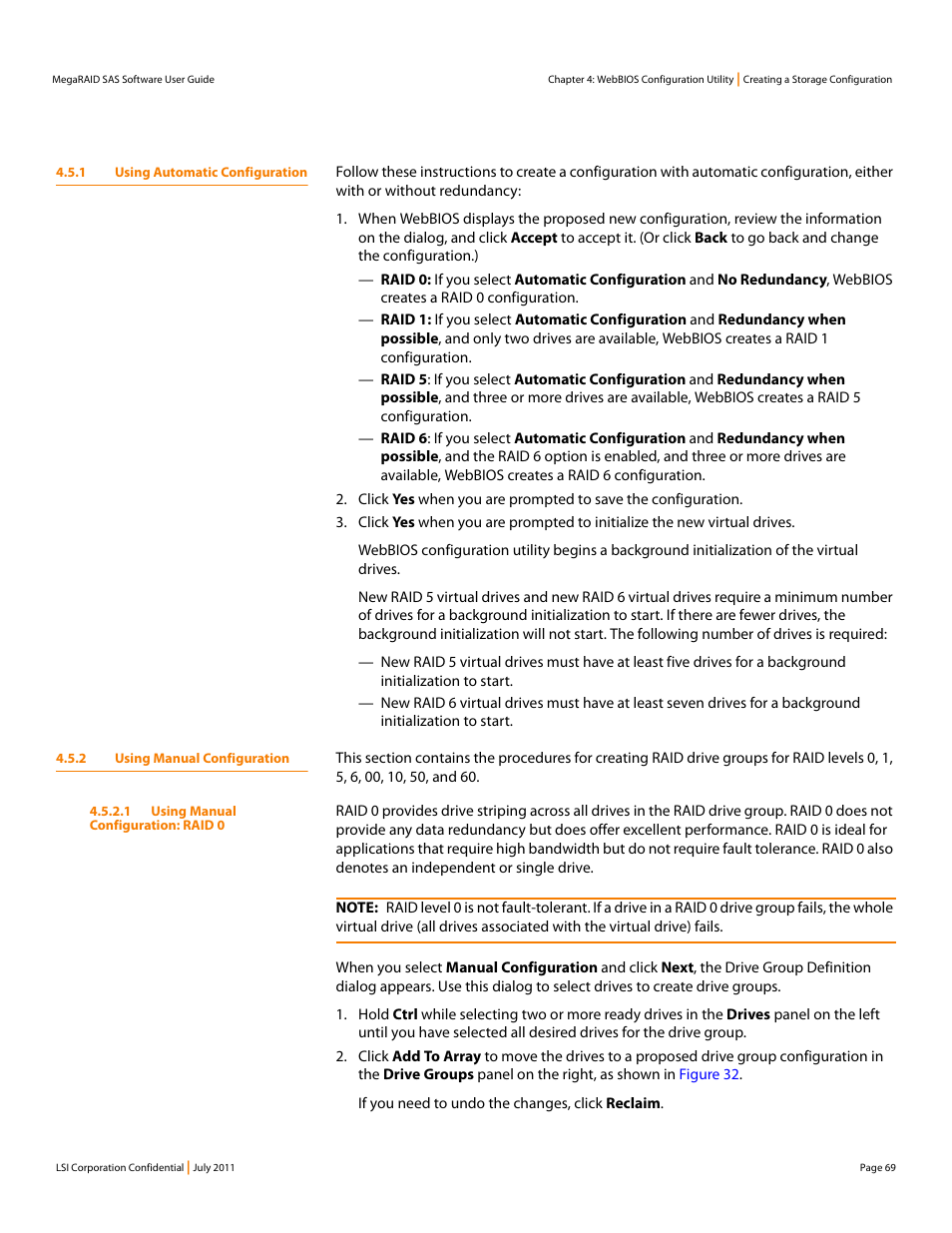 1 using automatic configuration, 2 using manual configuration, Section 4.5.1 | Using automatic configuration, Section 4.5.2, using manual configuration | Avago Technologies MegaRAID Fast Path Software User Manual | Page 69 / 502