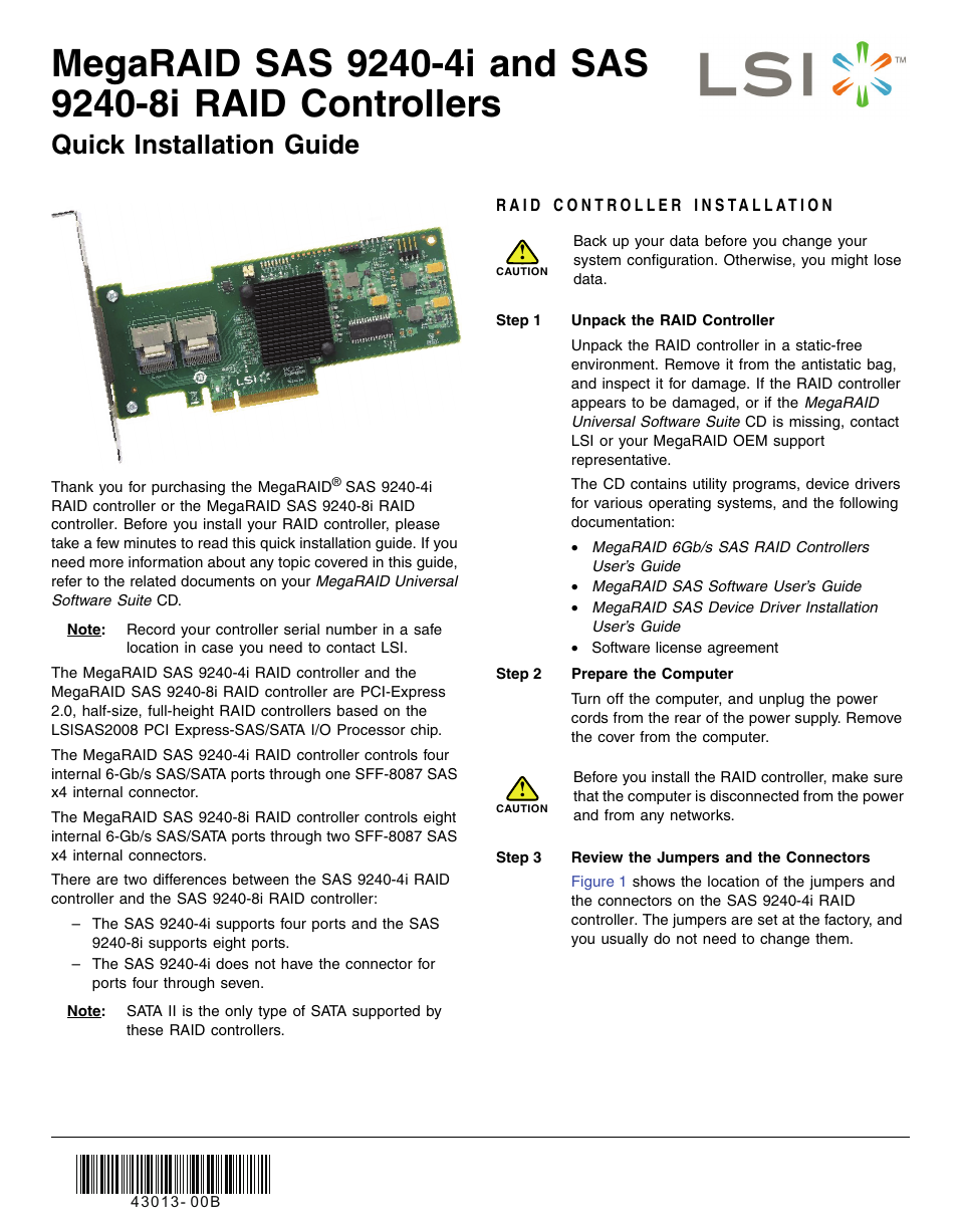 Avago Technologies MegaRAID SAS 9240-4i User Manual | 4 pages