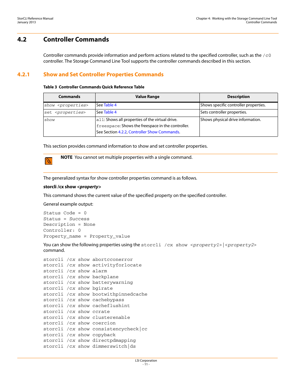 2 controller commands, 1 show and set controller properties commands | Avago Technologies MegaRAID SAS 9240-4i User Manual | Page 11 / 80