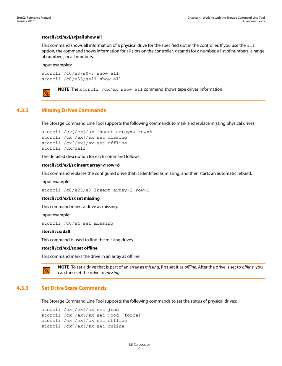 2 missing drives commands, 3 set drive state commands | Avago Technologies MegaRAID SAS 9240-4i User Manual | Page 23 / 80