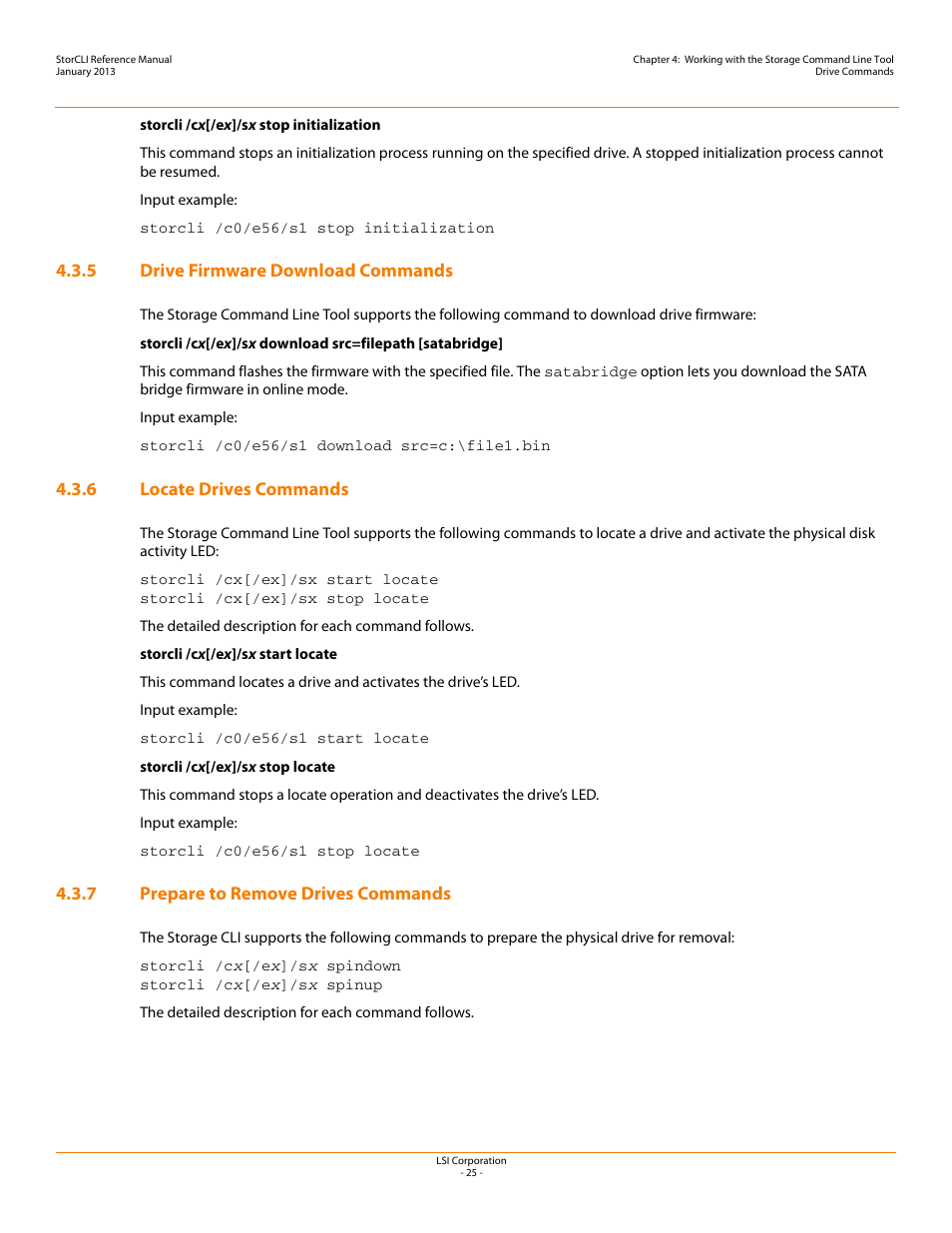 5 drive firmware download commands, 6 locate drives commands, 7 prepare to remove drives commands | Avago Technologies MegaRAID SAS 9240-4i User Manual | Page 25 / 80