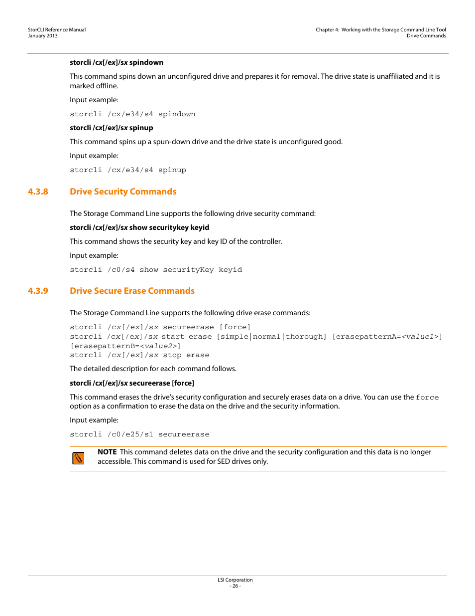 8 drive security commands, 9 drive secure erase commands, Drive secure erase commands | Avago Technologies MegaRAID SAS 9240-4i User Manual | Page 26 / 80