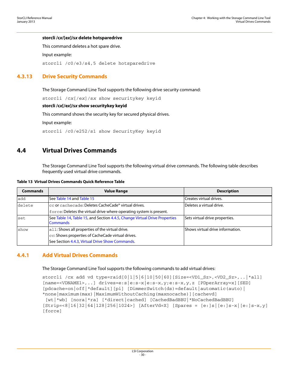 13 drive security commands, 4 virtual drives commands, 1 add virtual drives commands | Avago Technologies MegaRAID SAS 9240-4i User Manual | Page 30 / 80