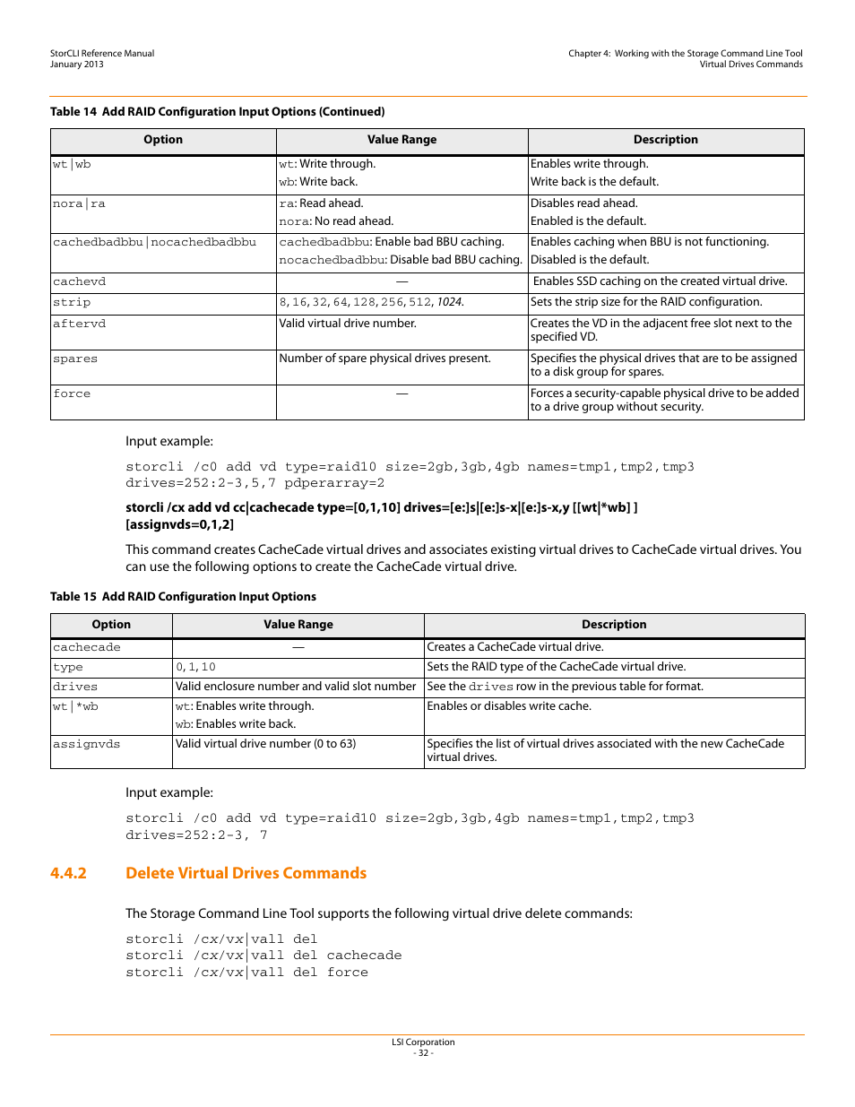 2 delete virtual drives commands, Delete virtual drives commands, Table 15 | And s | Avago Technologies MegaRAID SAS 9240-4i User Manual | Page 32 / 80