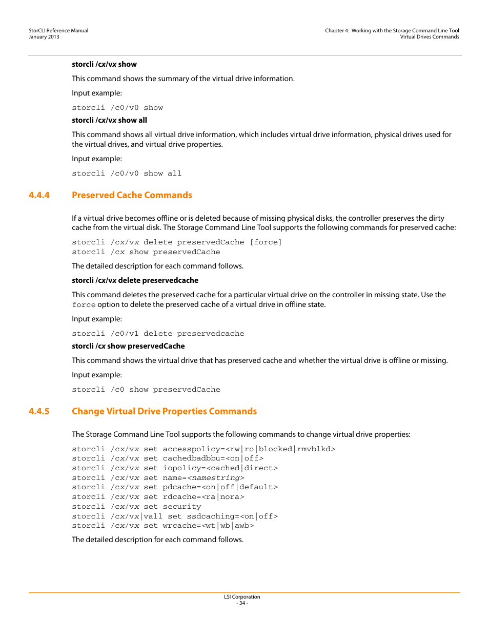 4 preserved cache commands, 5 change virtual drive properties commands, Change virtual drive properties | Commands | Avago Technologies MegaRAID SAS 9240-4i User Manual | Page 34 / 80