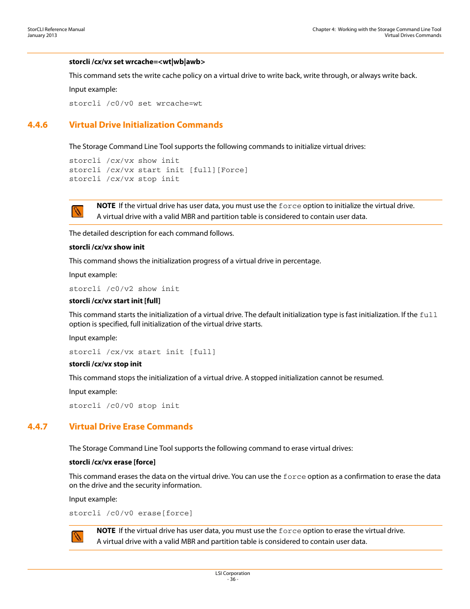 6 virtual drive initialization commands, 7 virtual drive erase commands, Virtual drive erase commands | Virtual drive initialization commands | Avago Technologies MegaRAID SAS 9240-4i User Manual | Page 36 / 80