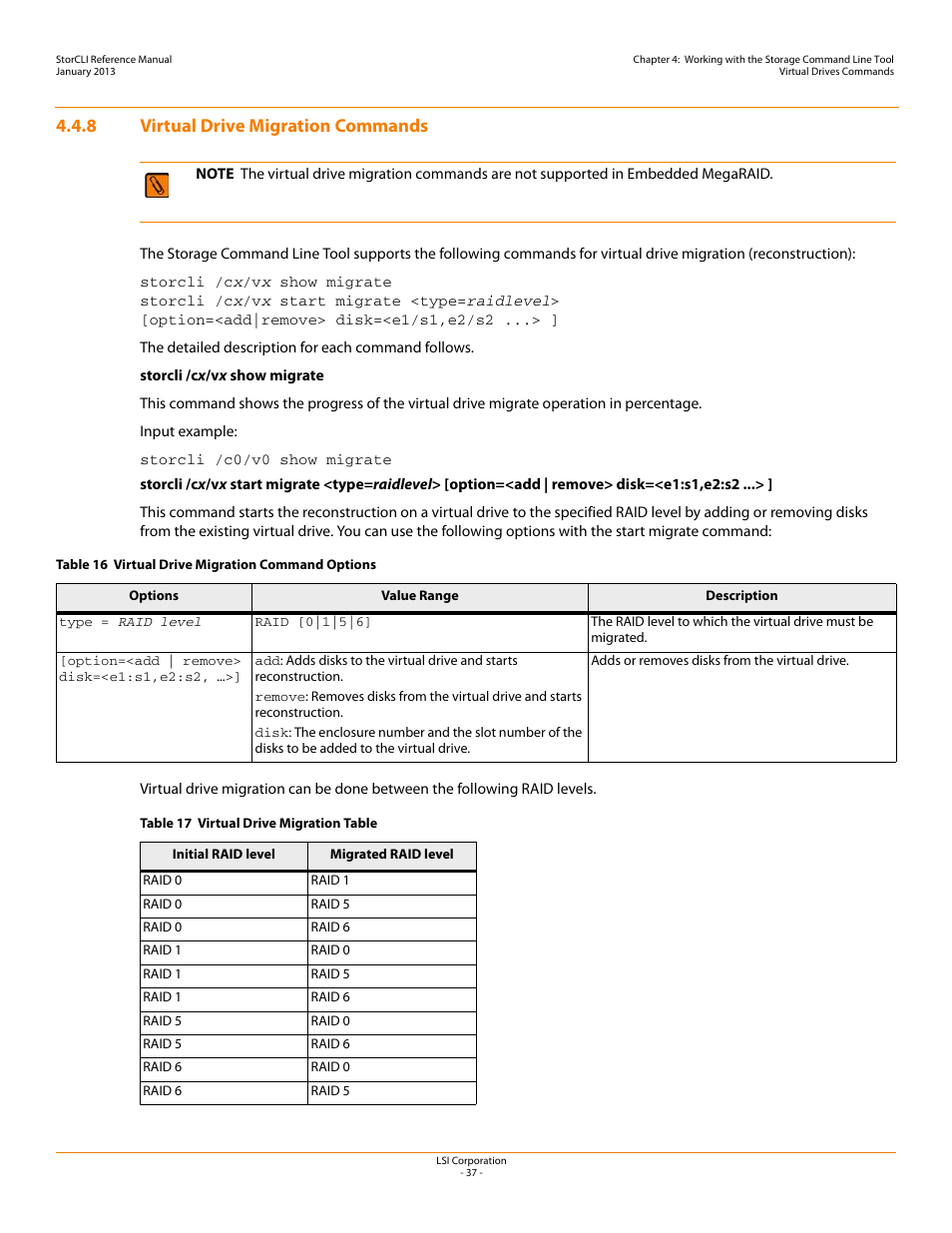 8 virtual drive migration commands | Avago Technologies MegaRAID SAS 9240-4i User Manual | Page 37 / 80