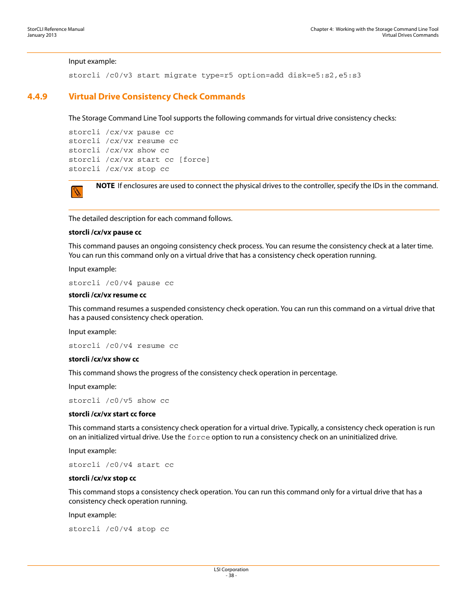 9 virtual drive consistency check commands | Avago Technologies MegaRAID SAS 9240-4i User Manual | Page 38 / 80